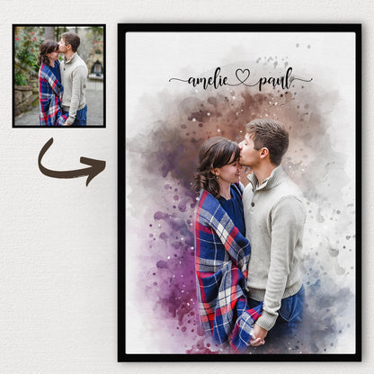 Custom Watercolor Portrait For Couples, Gift Anniversary Canvas For Your Love Ones