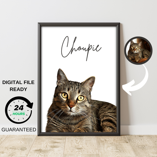 Oil Painted Cat Portrait On Framed Paper Poster - For Pet Lovers